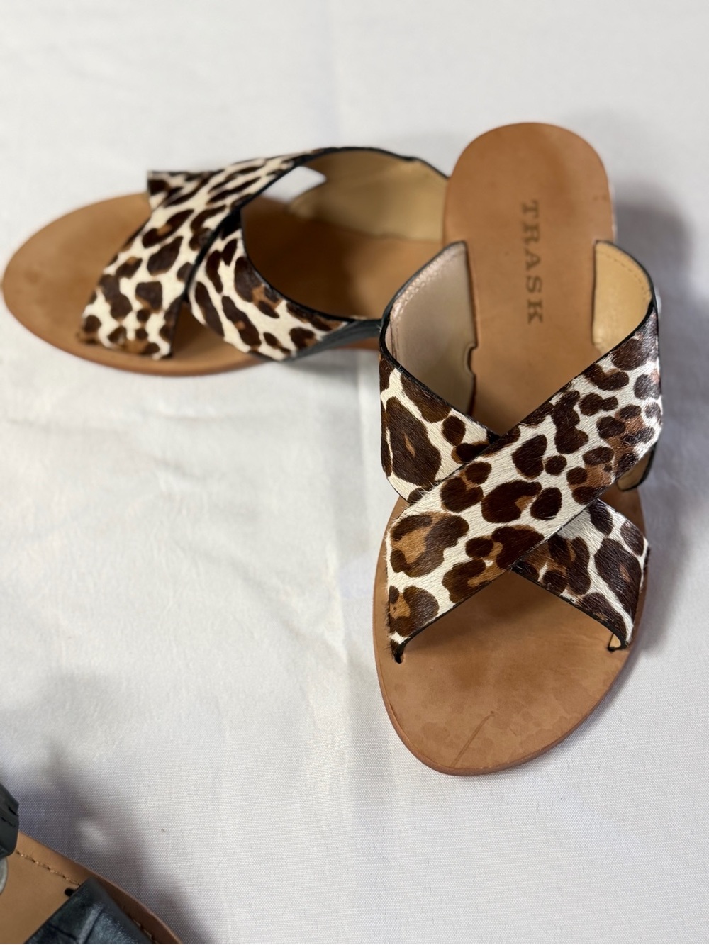 Trask Leopard Haircalf Cross-Strap Sandals in Brown and White